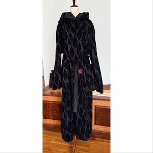Mycra Pac Donatella Reversible Black Velvet Leaf Hooded Coat Sz 2 M/L Long Maxi